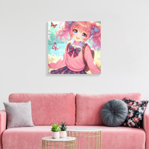  anime meisje in roze vlechten canvas afdruk