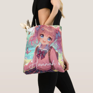 anime meisje in roze vlechten draagtas