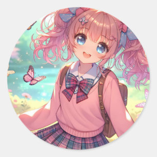 anime meisje in roze vlechten ronde sticker
