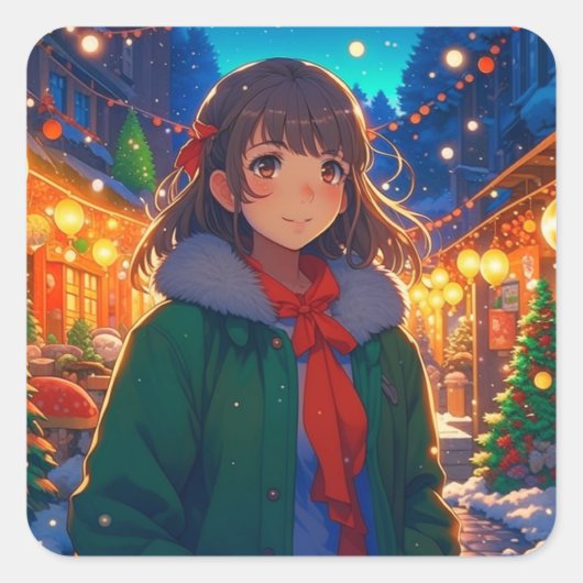 Anime Meisje Kerstverlichting Vierkante Sticker (Voorkant)