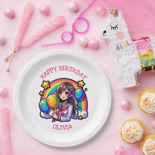 Anime Meisje Kleurrijke Pop Kunst Verjaardag Geper Papieren Bordje (Feest)