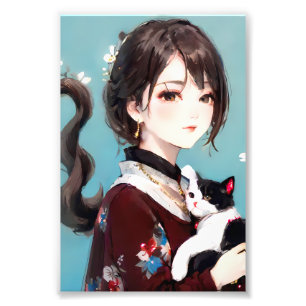Anime meisje knuffelt met een zwart-witte kat foto afdruk