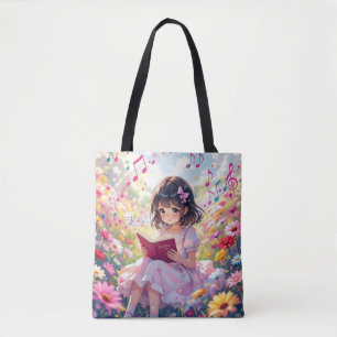 Anime Meisje Leest in Bloemen en Muzieknoten Draagtas