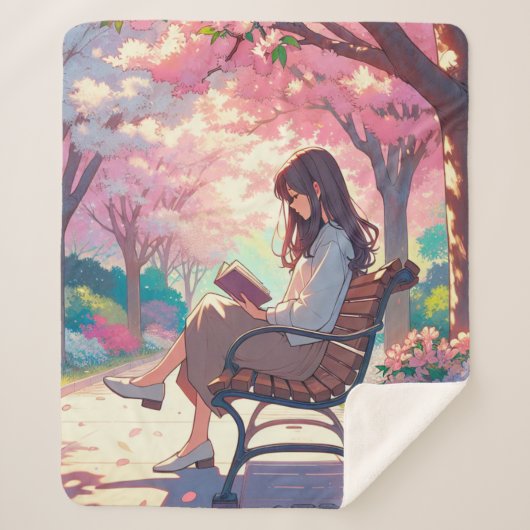 Anime Meisje Lezen in het Park Sherpa Deken (Voorkant)