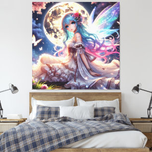 Anime meisje maan fee prinses in tuin canvas afdruk