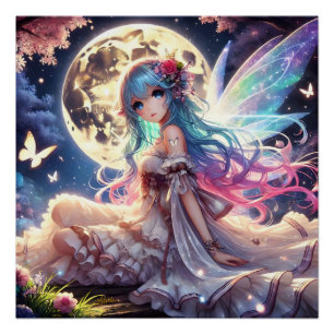 Anime meisje maan fee prinses in tuin perfect poster