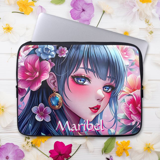  anime meisje met blauwe ogen gepersonaliseerd laptop sleeve (Creator heeft geüpload)