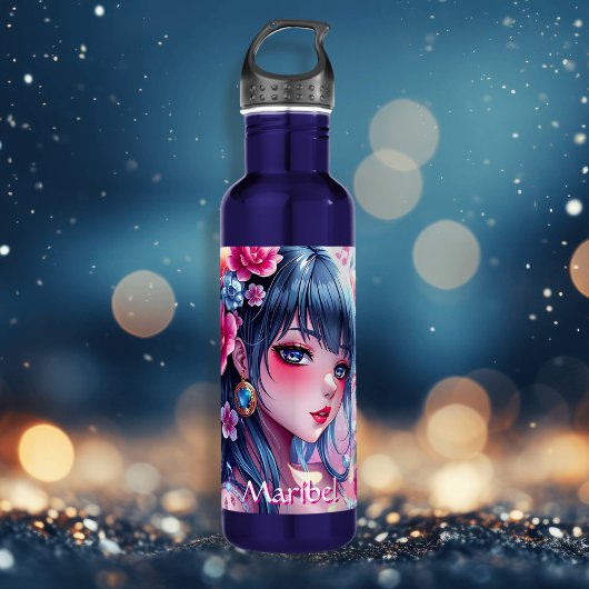  anime meisje met blauwe ogen gepersonaliseerd waterfles 