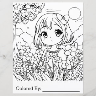 Anime meisje met bloemen kleurplaat