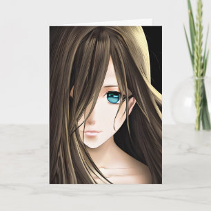 Anime meisje met bruin haar en blauwe ogen kaart
