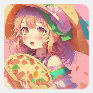 anime meisje met een pizza vierkante sticker