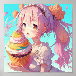 Anime meisje met fantasievolle cupcake poster