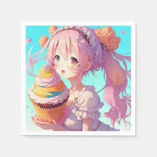 Anime meisje met fantasievolle cupcake verjaardag servet (Voorkant)