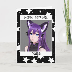 Anime Meisje met Fox Ears Paarse Verjaardag Kaart