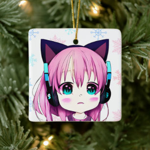 Anime Meisje Met Kat Ooren Hoofdband Kerstmis Keramisch Ornament
