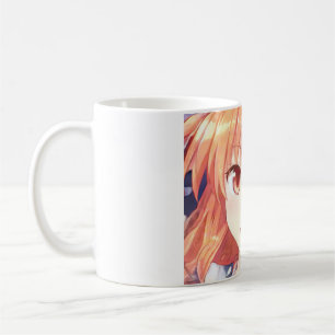 Anime meisje met koperkleurig haar en pruimkleurig koffiemok
