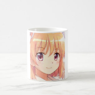 Anime meisje met koperkleurig haar en pruimkleurig koffiemok