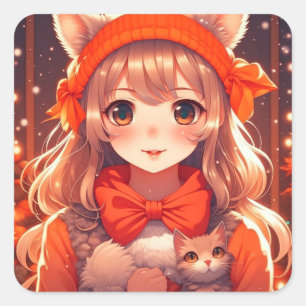 Anime Meisje met Oranje Kitten Kerstmis Vierkante Sticker