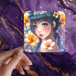 anime meisje met Paarse ogen Vierkante Sticker