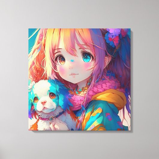 Anime Meisje met Puppy Canvas Afdruk (Voorkant)