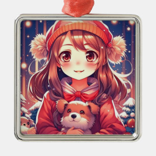 Anime Meisje met Puppy en Oor Muffs Metalen Ornament