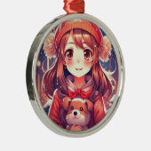 Anime Meisje met Puppy en Oor Muffs Metalen Ornament (Rechts)