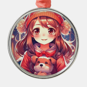  Anime Meisje met Puppy en Oor Muffs Metalen Ornament