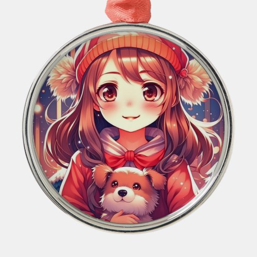 Anime Meisje met Puppy en Oor Muffs Metalen Ornament (Voorkant)