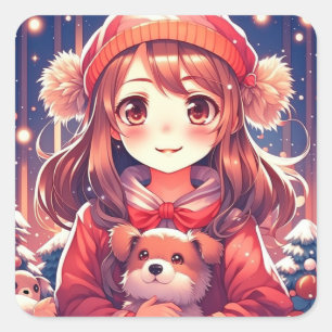 Anime Meisje met Puppy en Oor Muffs Vierkante Sticker