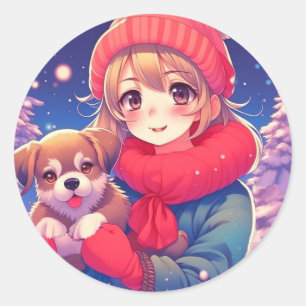 Anime Meisje met Puppy Kerstmis Ronde Sticker