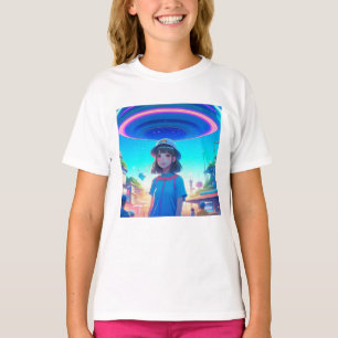 Anime meisje onder een UFO in de stad T-shirt