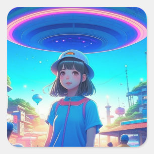 Anime meisje onder een ufo in de stad vierkante sticker