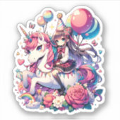Anime meisje op eenhoorn verjaardag sticker (Voorkant)