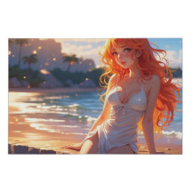 Anime meisje op het strand.