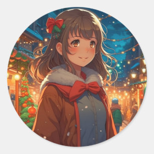 Anime Meisje op Kerstnacht Ronde Sticker