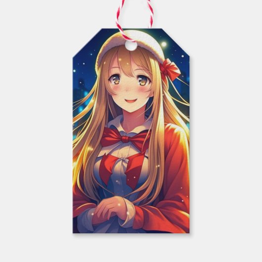  Anime Meisje op Winterdag Kerstmis Cadeaulabel (Voorkant)