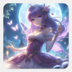 Anime Meisje Paarse Vlindervleugel Maanfee Vierkante Sticker