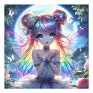 Anime Meisje Regenboog Haar Zingende Maan Fee Foto Afdruk
