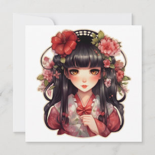 Anime meisje roze bloemen kaart