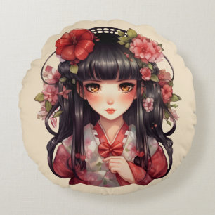 Anime meisje roze bloemen rond kussen