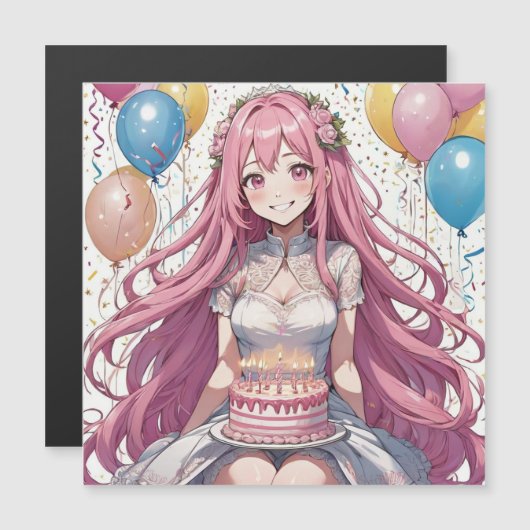 Anime Meisje Roze verjaardag Magnetische Uitnodiging (Voorkant / Achterkant)