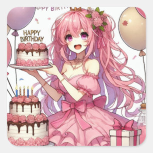 Anime meisje Roze verjaardag Vierkante Sticker