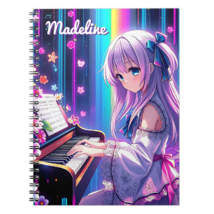 Anime Meisje speelt piano gepersonaliseerd Notitieboek