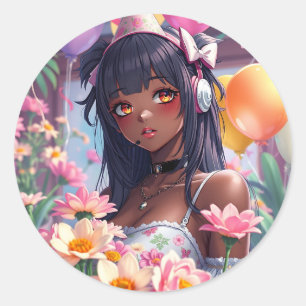 anime meisje van kleur gepersonaliseerde verjaard ronde sticker