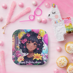 Anime Meisje van Kleur Gepersonaliseerde Verjaarda Papieren Bordje