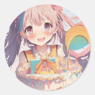 Anime Meisje Verjaardagstaart Ronde Sticker