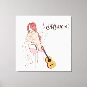 Anime meisje zittend met getar & muzieknoten–Aesth Canvas Afdruk