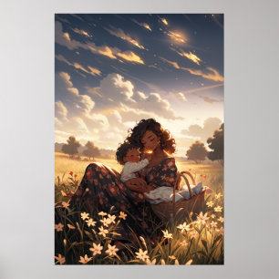 Anime moeder in een ochtendweide - Ultra hoog Poster