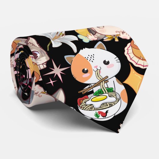 Anime Overload Leuk Patroon Zwart BG Stropdas (Opgerold)