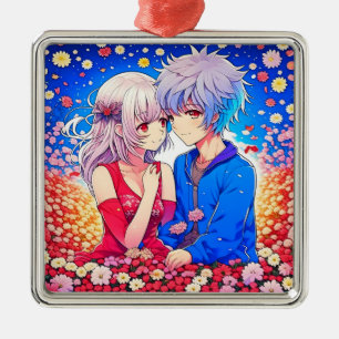 Anime Paar Liefde Bloemen en Harten Metalen Ornament